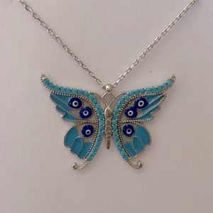 925 Silver blue butterfly enamel evil eye necklace